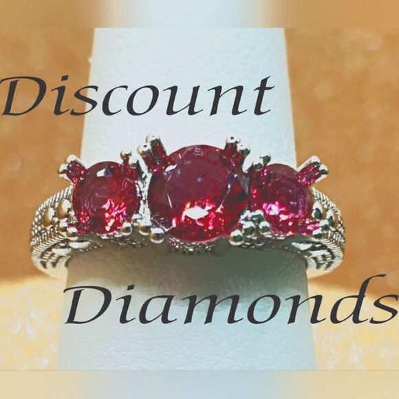 14K White Gold  over 925 Stainless 3 Stone Round Cut Ruby - Picture 1 of 6